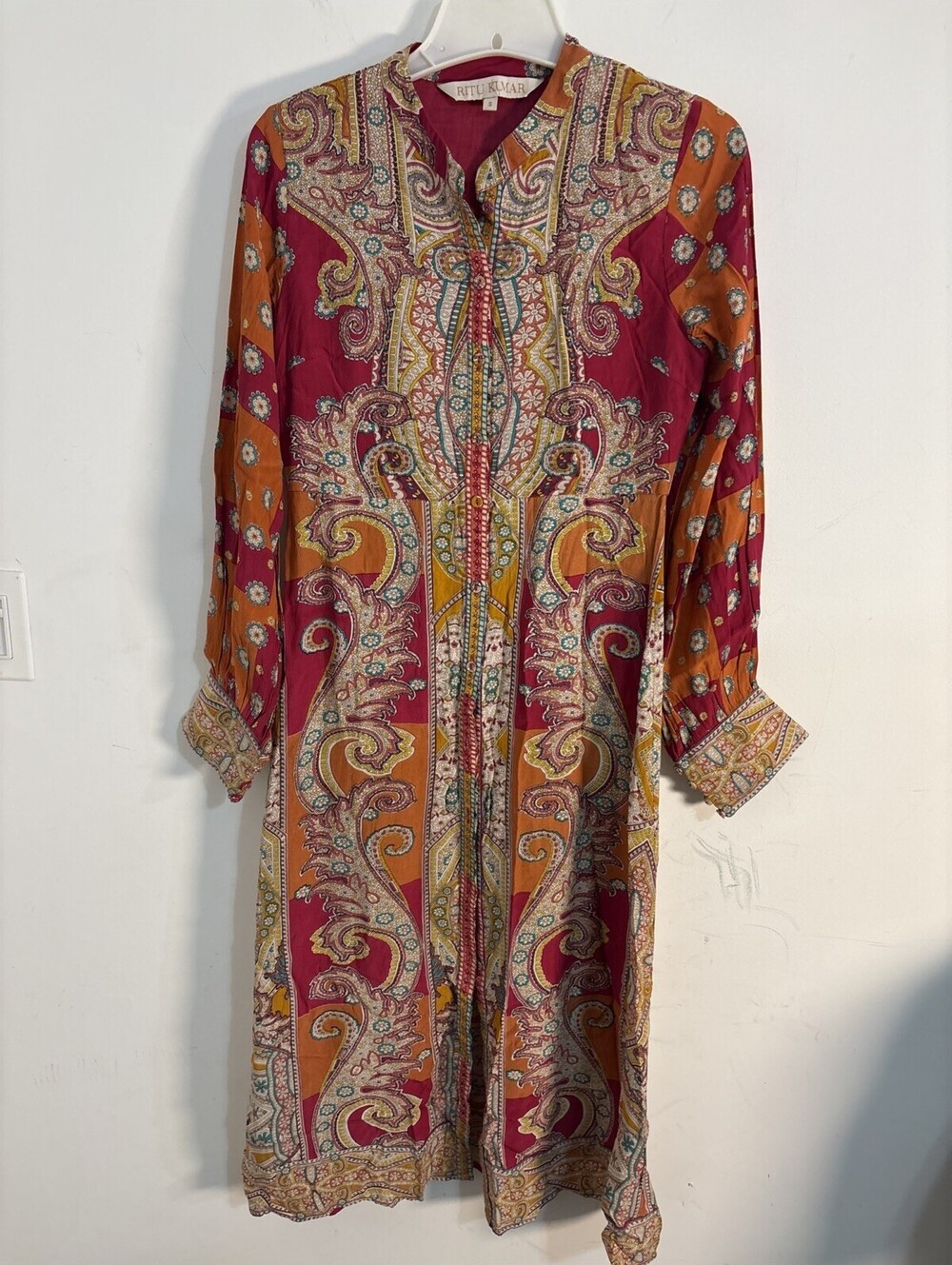 New Ritu Kumar Pink Orange Paisley Button Front Dress Long Sleeve Small NWOT